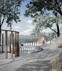 Minnested ved Utøya, modell som viser hvordan monumentet er plassert inn i landskapet.